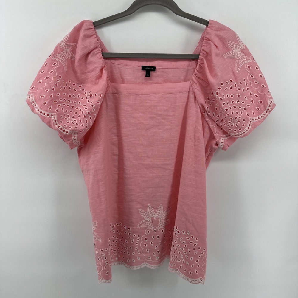 Talbots Womens Large Linen Blend Square Neck Pink Eyelet Embroidered Blouse